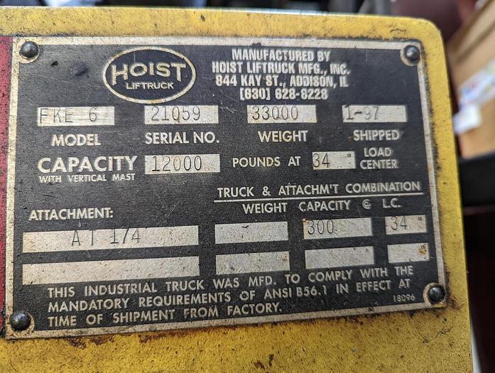 Used 1997 Hoist FKE 6 Electric Forklift