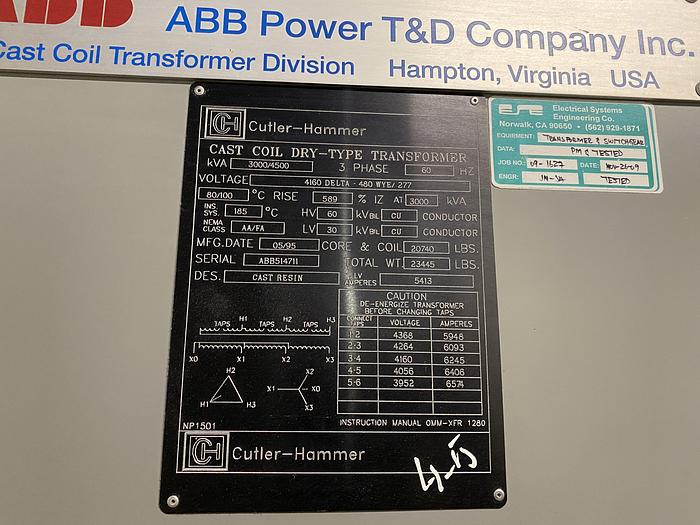 Used CUTLER HAMMER 3000 / 4500 KVA DRY TYPE TRANSFORMER W/ BREAKERS AND SWITCH