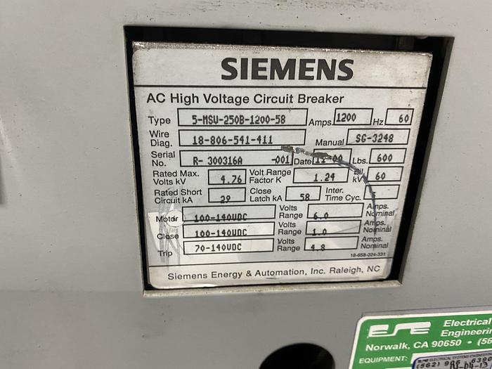 Used SIEMENS HIGH VOLTAGE CIRCUIT BREAKER 5-MSV-250C-1200-58 (FOUR AVAILABLE)