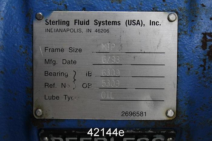 Used Peerless 3196 Mtp Power End, 5-Vane 10" Stainless Steel Impeller #42144