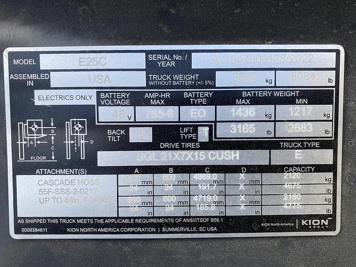2022 LINDE E25C 48V ELECTRIC FORKLIFT
