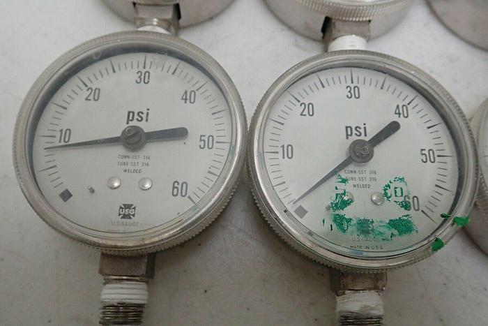 Used Lot of 6 USG 316 SST Tube Connection Welded 0-60 PSI Pressure Gauges