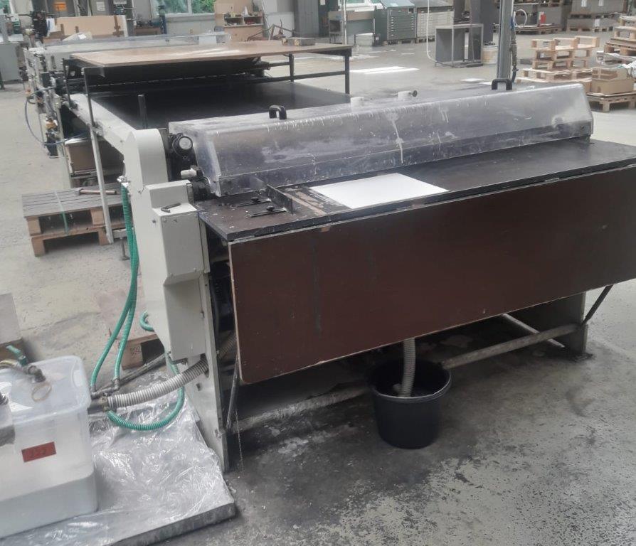 Used semiautomatic cold glue laminating Tünkers Vortwärts 1400 S with transport cloth laminating station and pressure belt 1999