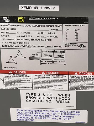Used Square D 3PH 15T6H KVA 15