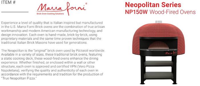 Used MARRA FORNI brick WOOD FIRED Pizza Oven Neapolitan Series NP150W