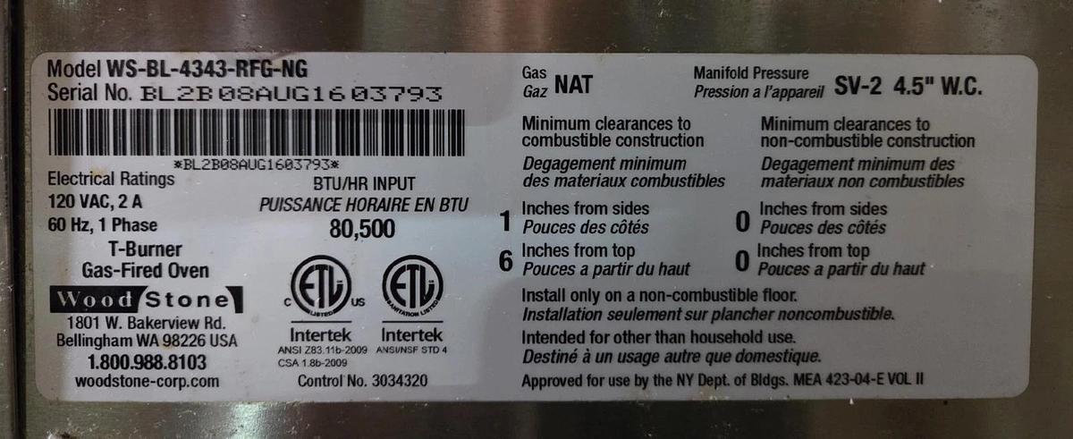 Used WoodStone BISTRO 4343 Gas Stone Hearth Pizza Oven WITH HOOD