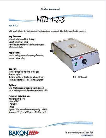 Used BAKON MDT 1-2-3 Chocolate Tempering Melting Tray