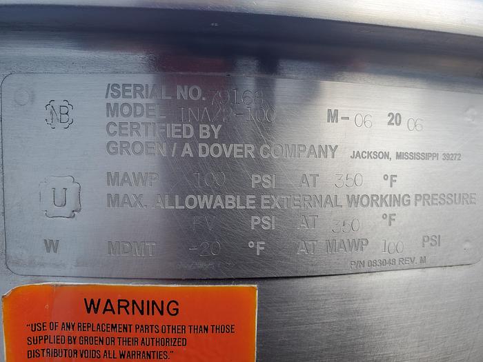 Used CapKold Water Jet Sous Vide Cooker Chiller and 2 GROEN INA/2-100 Kettles