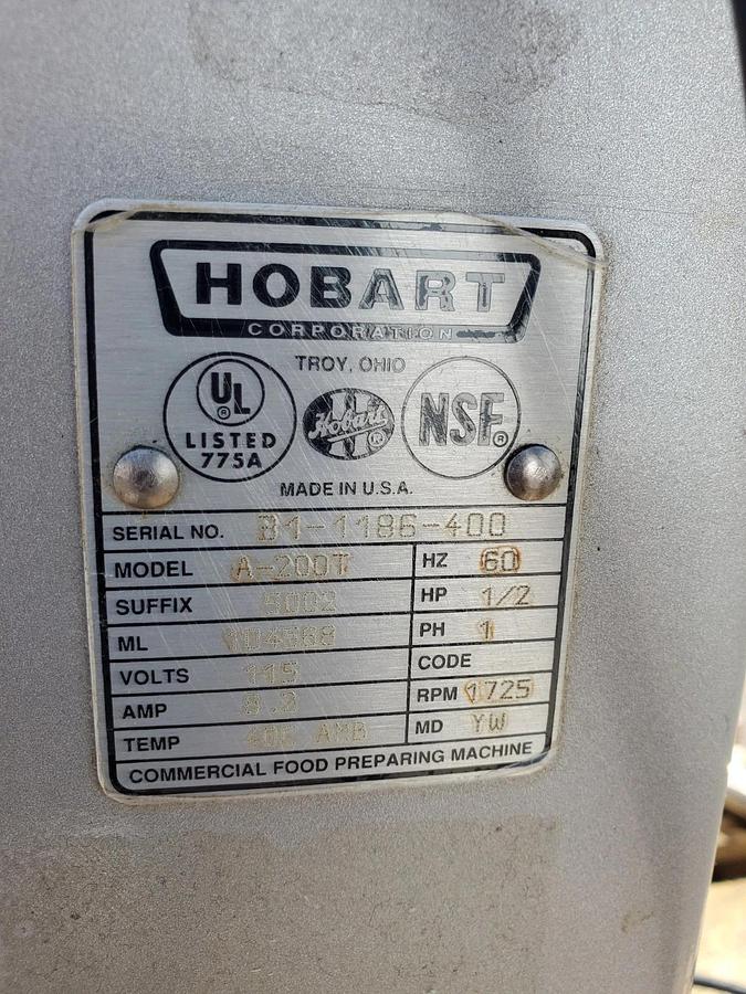 Used HOBART A200T 20 QT MIXER with Hook, Whisk and Paddle