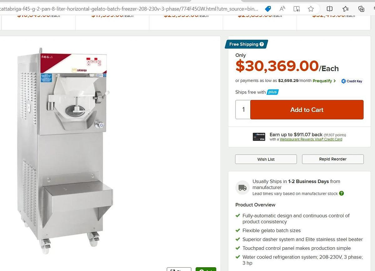 Used CATTABRIGA F45G Gelato Batch Freezer 15 Quarts Ice Cream Machine Carpigiani