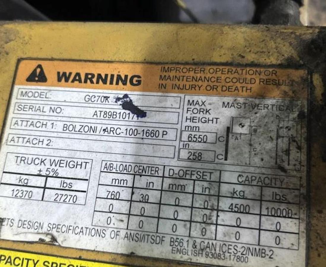 Used CATERPILLAR GC70K FORKLIFT W/ AURAMO BOLZONI ARC 100-1660P CLAMP ATTACHMENT