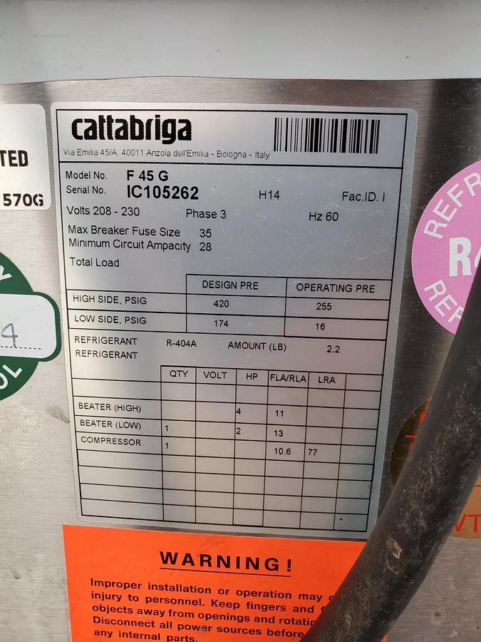 Used CATTABRIGA F45G Gelato Batch Freezer 15 Quarts Ice Cream Machine Carpigiani