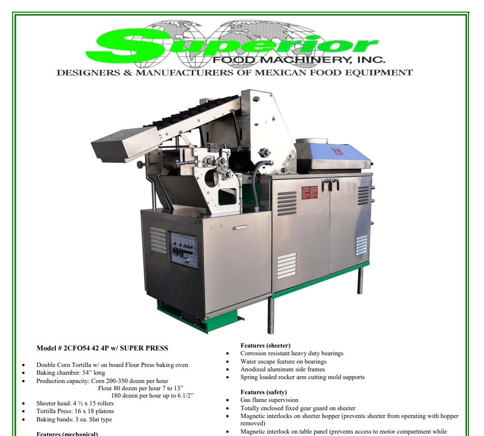 Used SUPERIOR FLOUR TORTILLA MACHINE PRESS and OVEN COMBO w BUILT-IN Conveyor