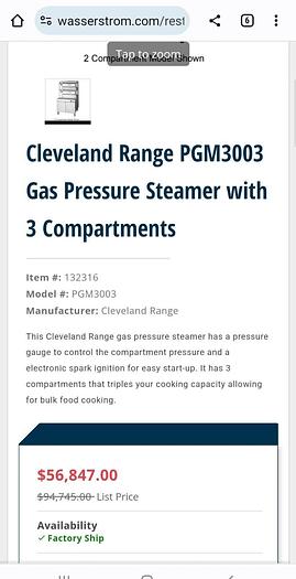 Used Very Nice CLEVELAND PGM3003 Gas Pressure STEAMER