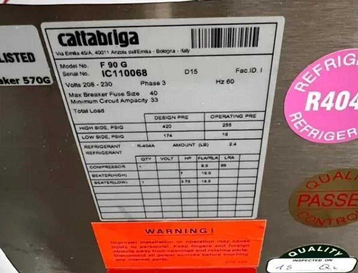 Used CATTABRIGA F90G  20 Quarts Gelato Batch Freezer Ice Cream Machine Carpigiani