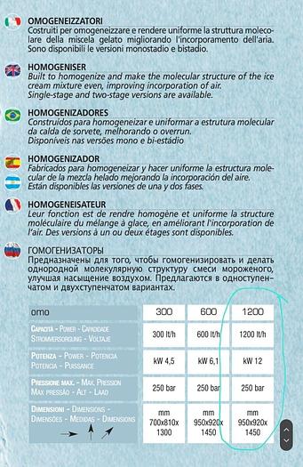 Used 2020 TECHNOGEL OMO 1200 GELATO ICE CREAM LINE HOMOGENIZER