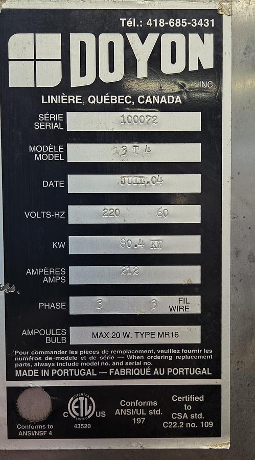 Used DOYON 3T4 Artisan Stone 4 Deck Electric Oven