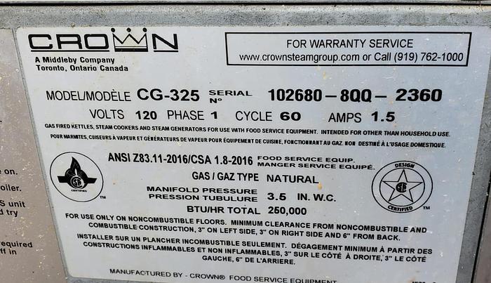 Used CROWN CG-325 Steam Generator Natural Gas Groen