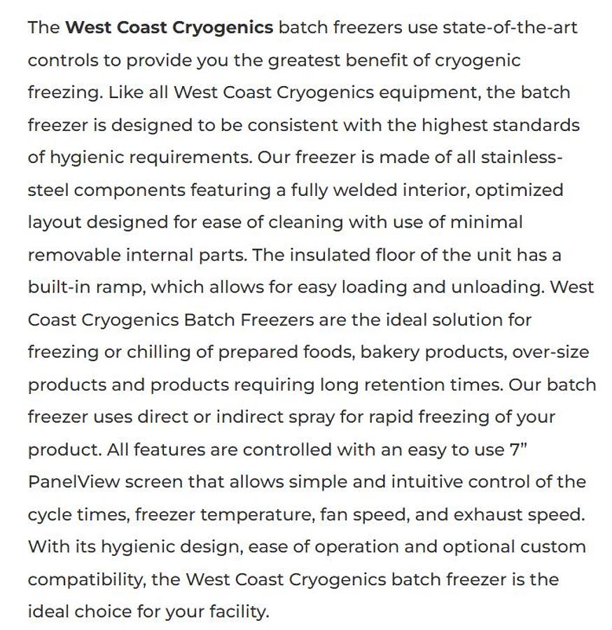 Used West Coast Cryogenic Services PLC BATCH FREEZER