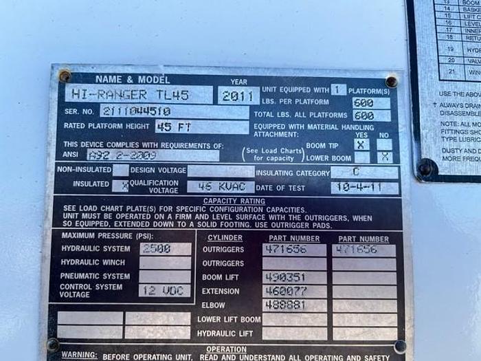 Used Hi-Ranger TL45 50ft Bucket Boom on 2012 International 4300 Regular Cab Utility Truck - C48411