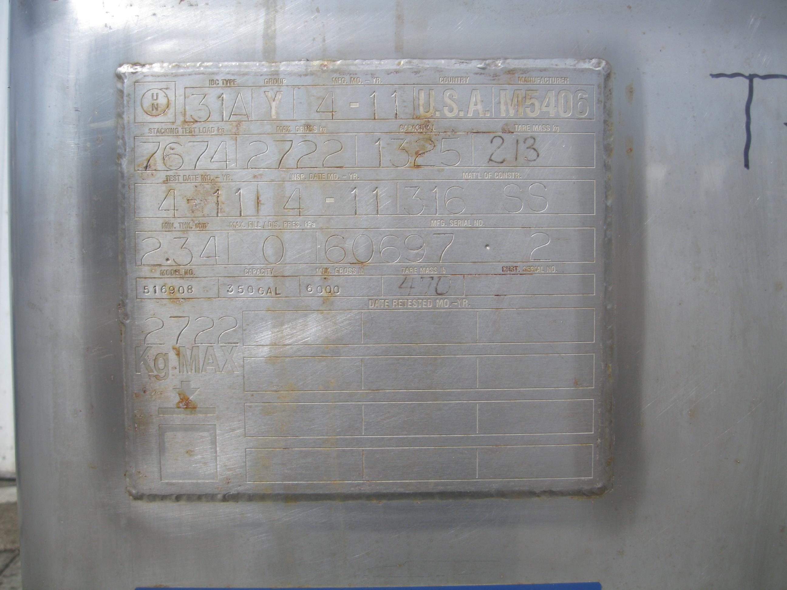 Used 350 GALLON 316 SS TOTE TANK