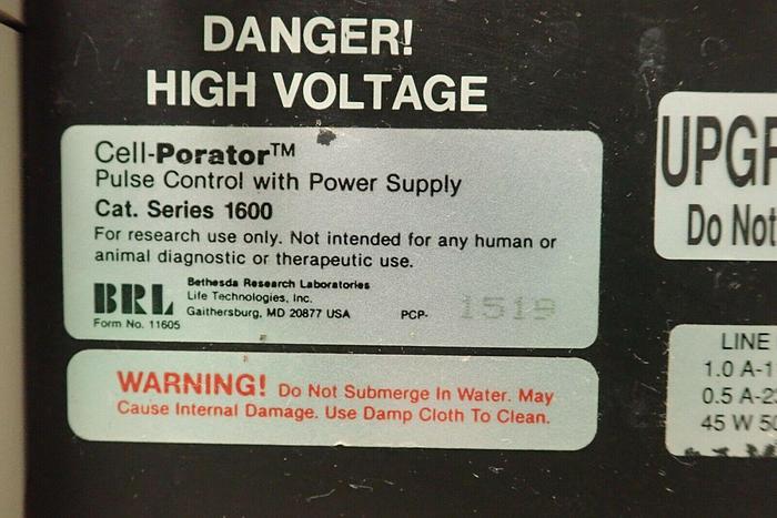 Used BRL Life Technologies Cat Series 1600 Cell-Porator Pulse Control + Power Supply