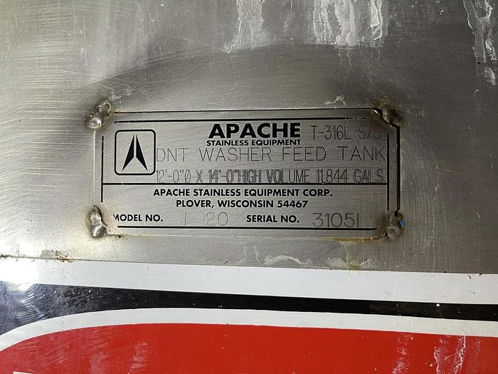 Used APACHE 12'DIA. X 14'HIGH T-316L SS TANK 11,844 GALLONS