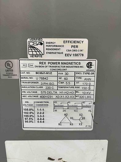 Used BJM TRANSFORMER 30KVA (575 - 400/231)
