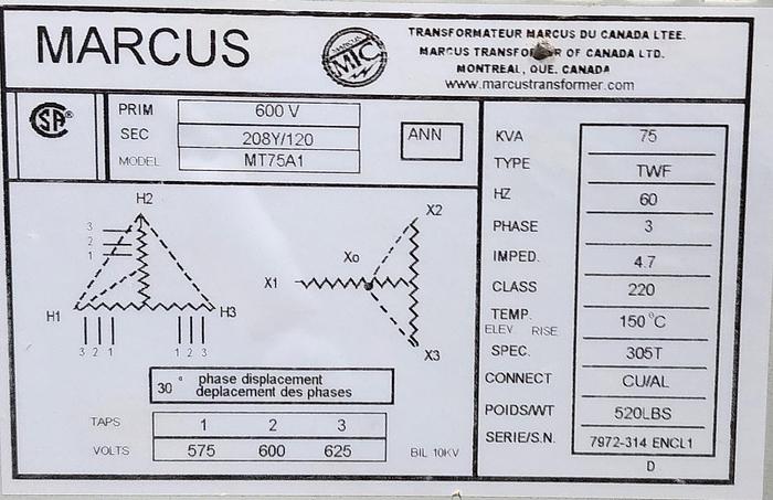 Used 75 KVA 600V to 208/127V TRANSFORMER