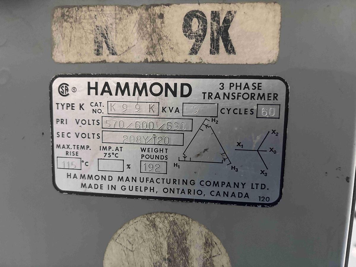 Used HAMMOND TRANSFORMER 9KVA (570/600/630V- 208Y/120V)