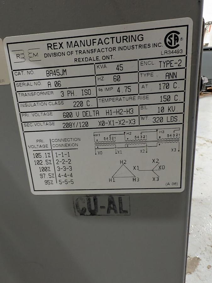 Used REX TRANSFORMER 45KVA (600V- 208/120V) #203
