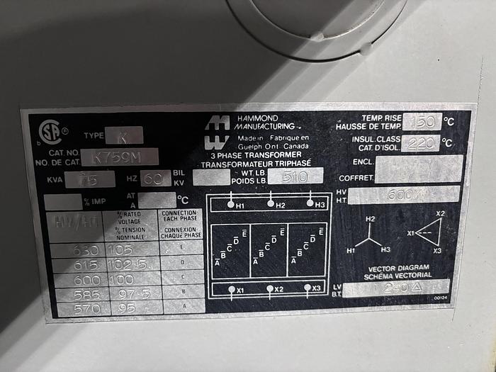 Used 75 KVA 600V HIGH to 240V LOW TRANSFORMER