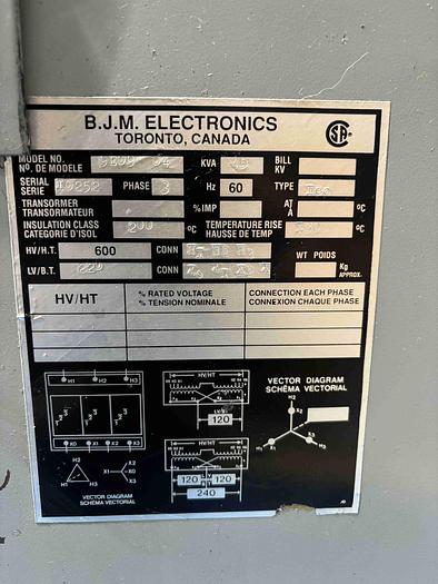 Used BJM TRANSFORMER 45KVA (600- 208/120)