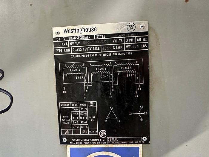 Used 30 KVA 600/208/120 TRANSFORMER 