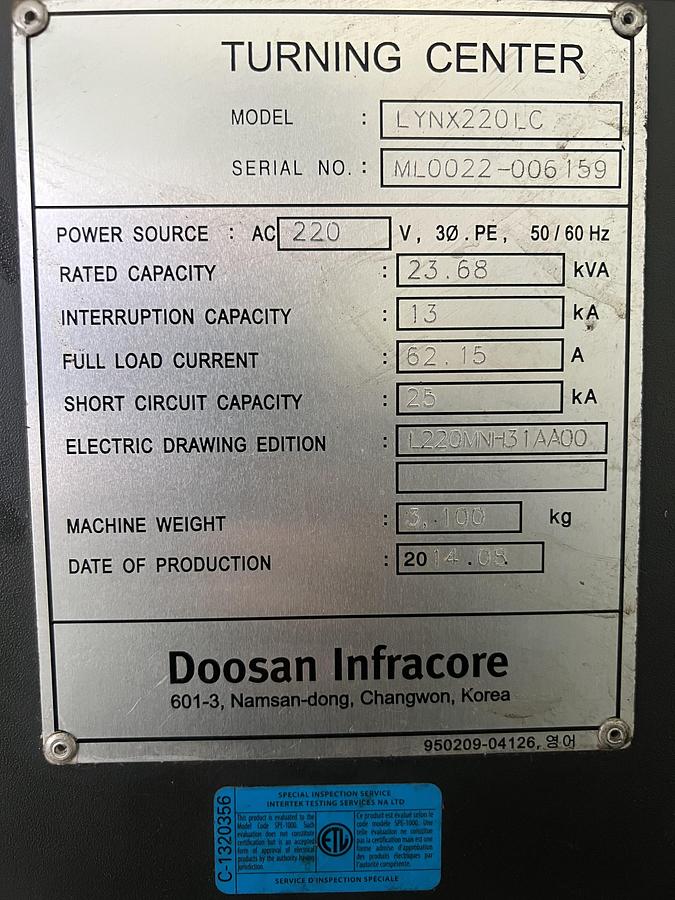 Used 2014 Doosan LYNX 220LC Turning Center (Only 3,050 Cutting Hours)