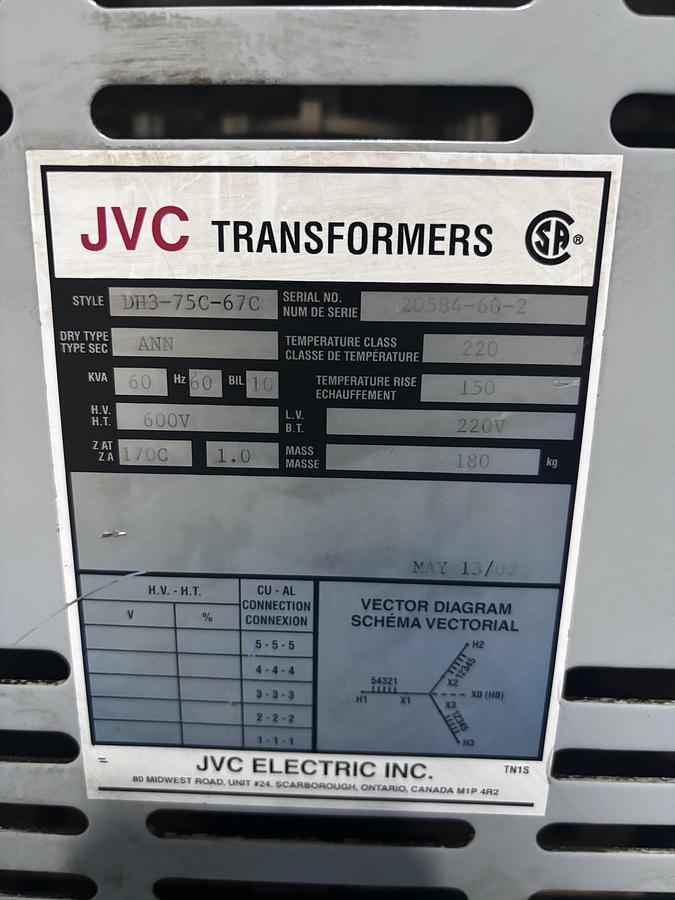 Used JVC TRANSFORMER 60KVA (600V- 220V) #159