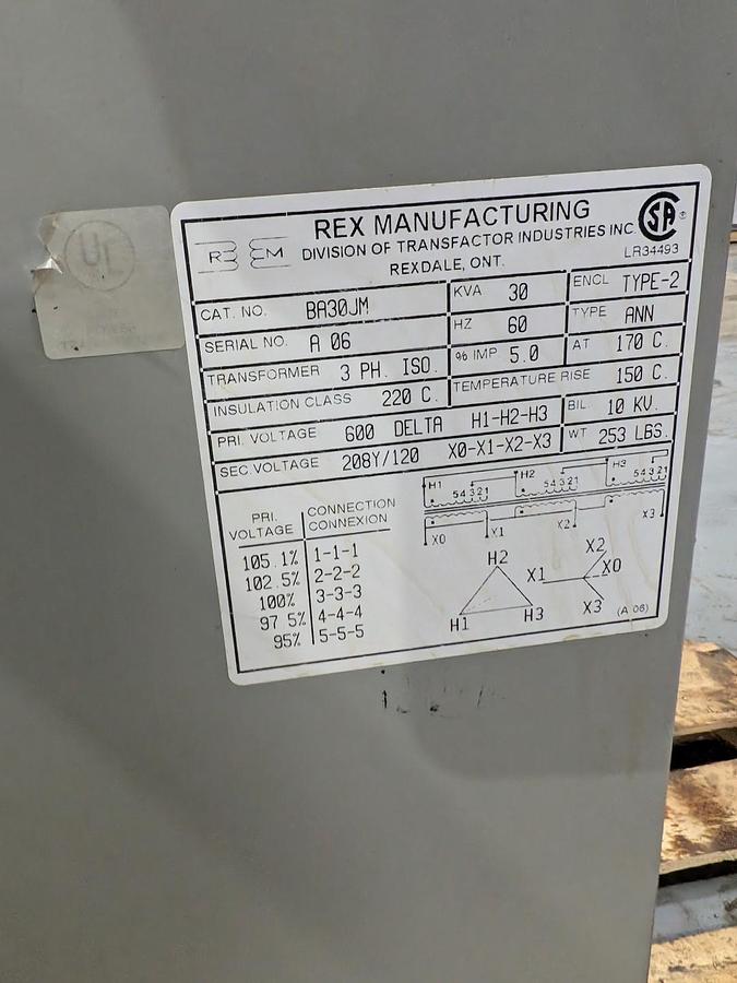 Used REX TRANSFORMER 30KVA (600V- 208/120V)