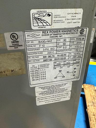 Used 30 KVA 600/208/120 TRANSFORMER