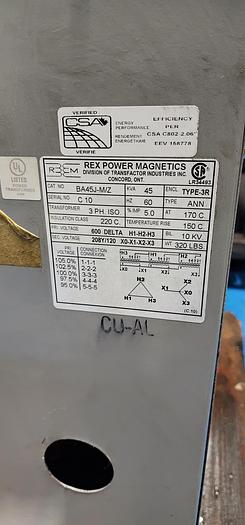 Used REX TRANSFORMER 45KVA (600- 208/120)