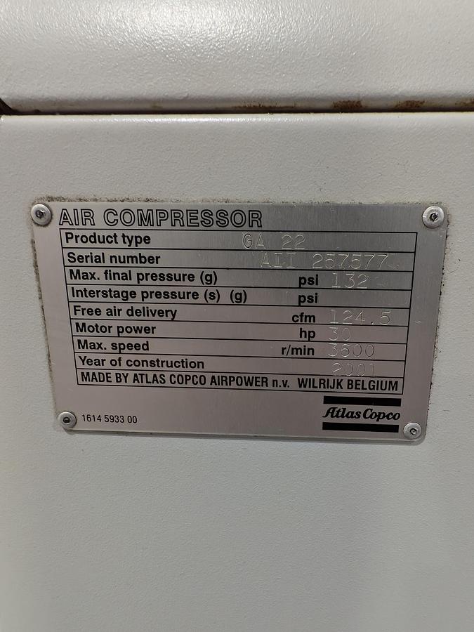 Used ATLAS COPCO GA 22 FF AIR COMPRESSOR