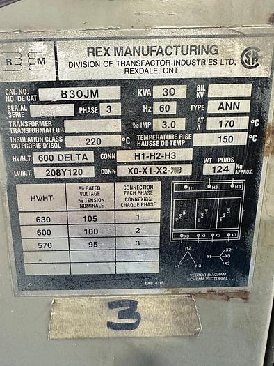 Used 30 KVA 600/208/120 TRANSFORMER
