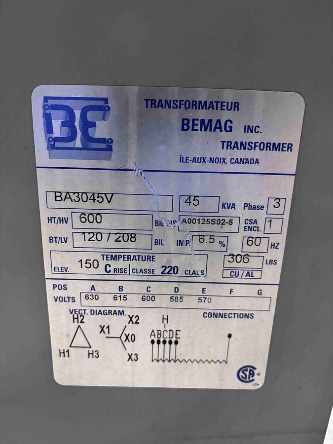 Used BEMAG TRANSFORMER 45KVA (600V- 208/120V)