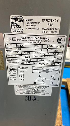 Used 45 KVA 600V to 208/120V TRANSFORMER