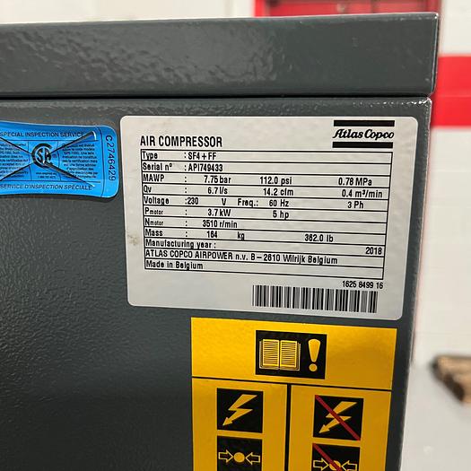 Used 2018 Atlas Copco GA37VSD+FF Air Compressor 