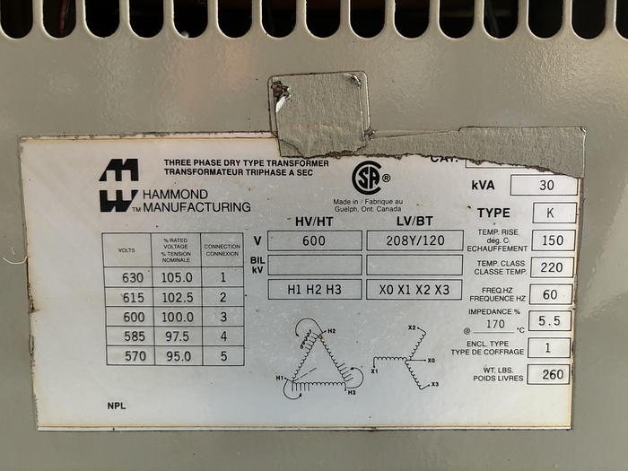 Used REX TRANSFORMER 30 KVA (600- 208/120)