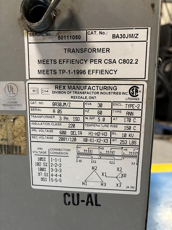 Used REX TRANSFORMER 30KVA (600V- 208/120V)