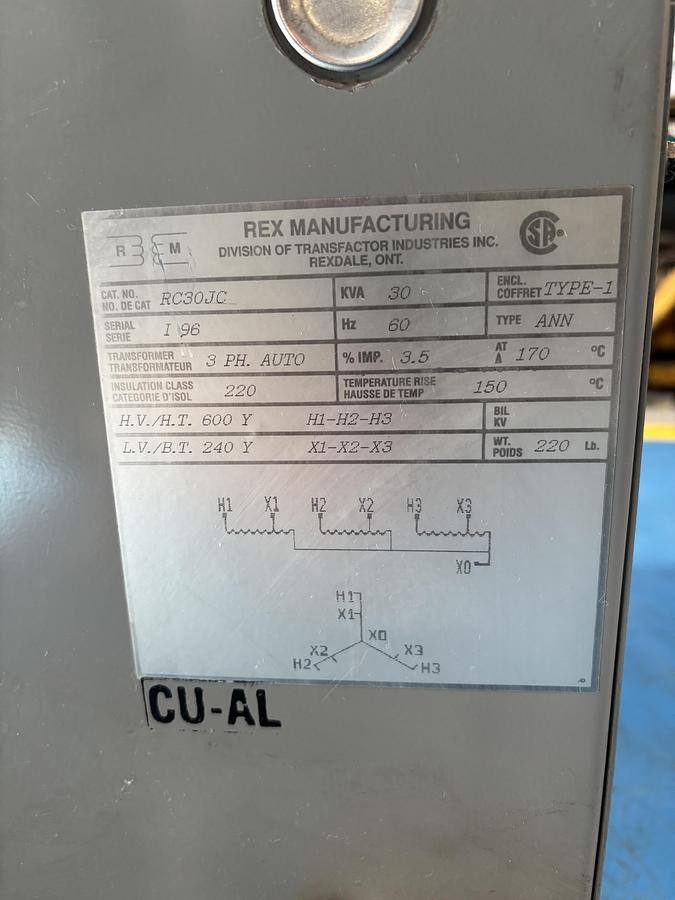 Used REX TRANSFORMER 30KVA (600V- 240) #190