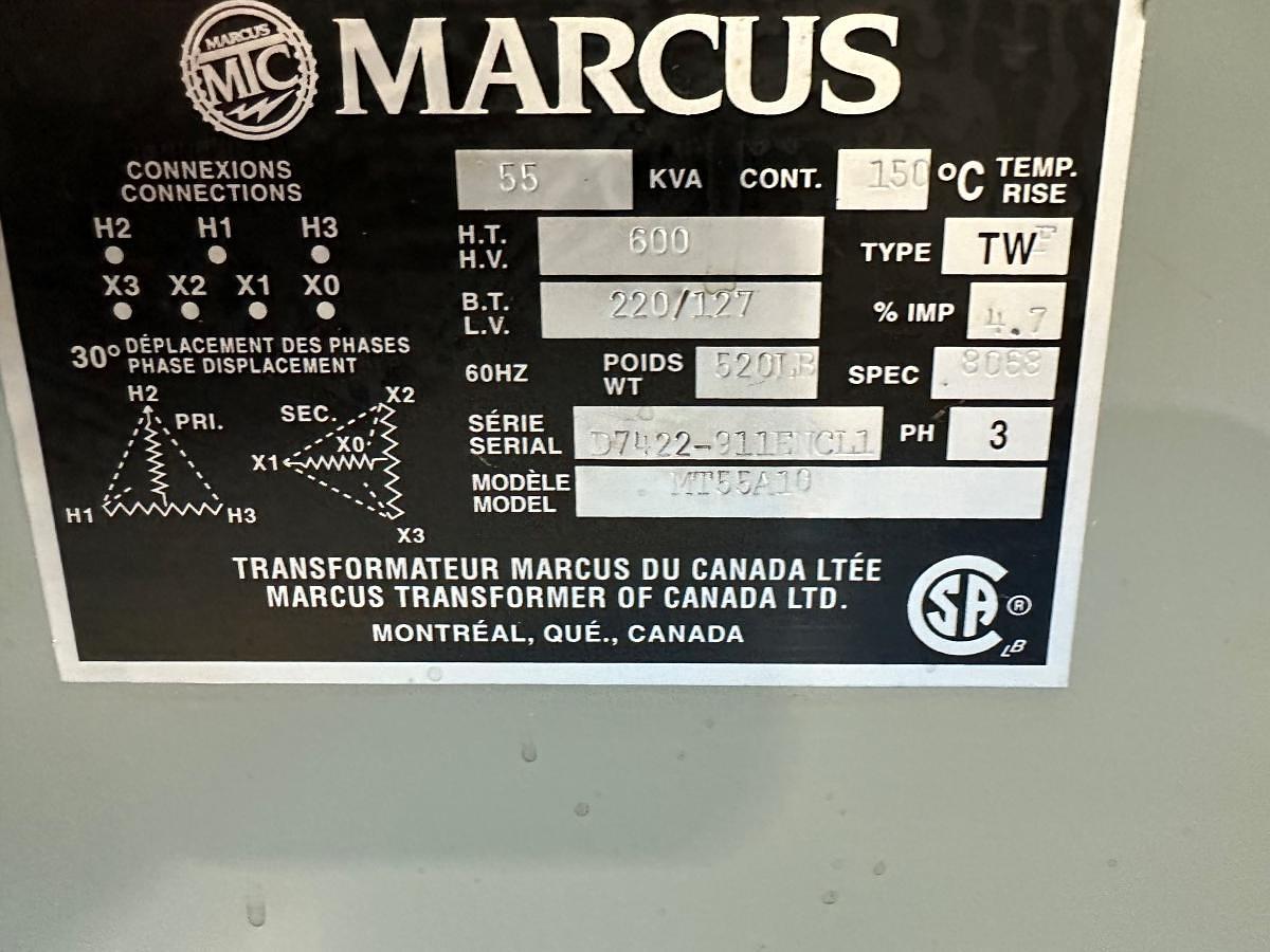 Used Marcus 55 kVA, 600-H, 208/12- L Transformer