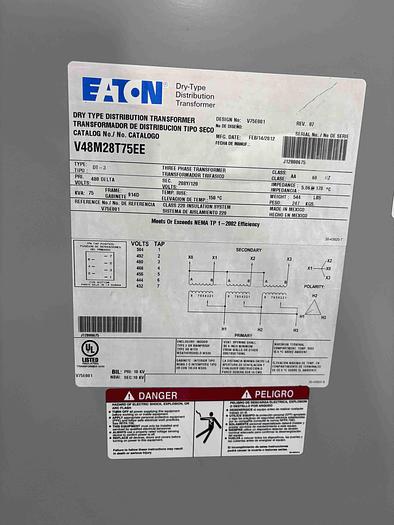 Used EATON TRANSFORMER 75KVA (480- 208/120)