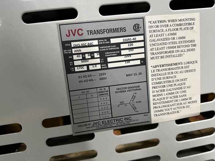 Used JVC TRANSFORMER 40KVA (600- 220)
